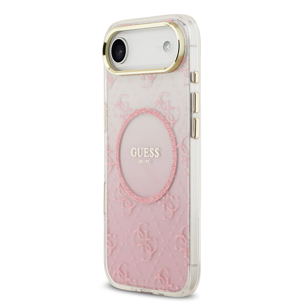 Apple iPhone 17 Air Kılıf Guess M-safe Şarj Özellikli 4G Desenli Simli Transparan Kapak Pembe