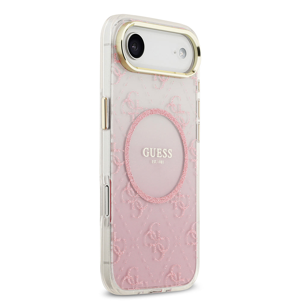 Apple iPhone 17 Air Kılıf Guess M-safe Şarj Özellikli 4G Desenli Simli Transparan Kapak Pembe