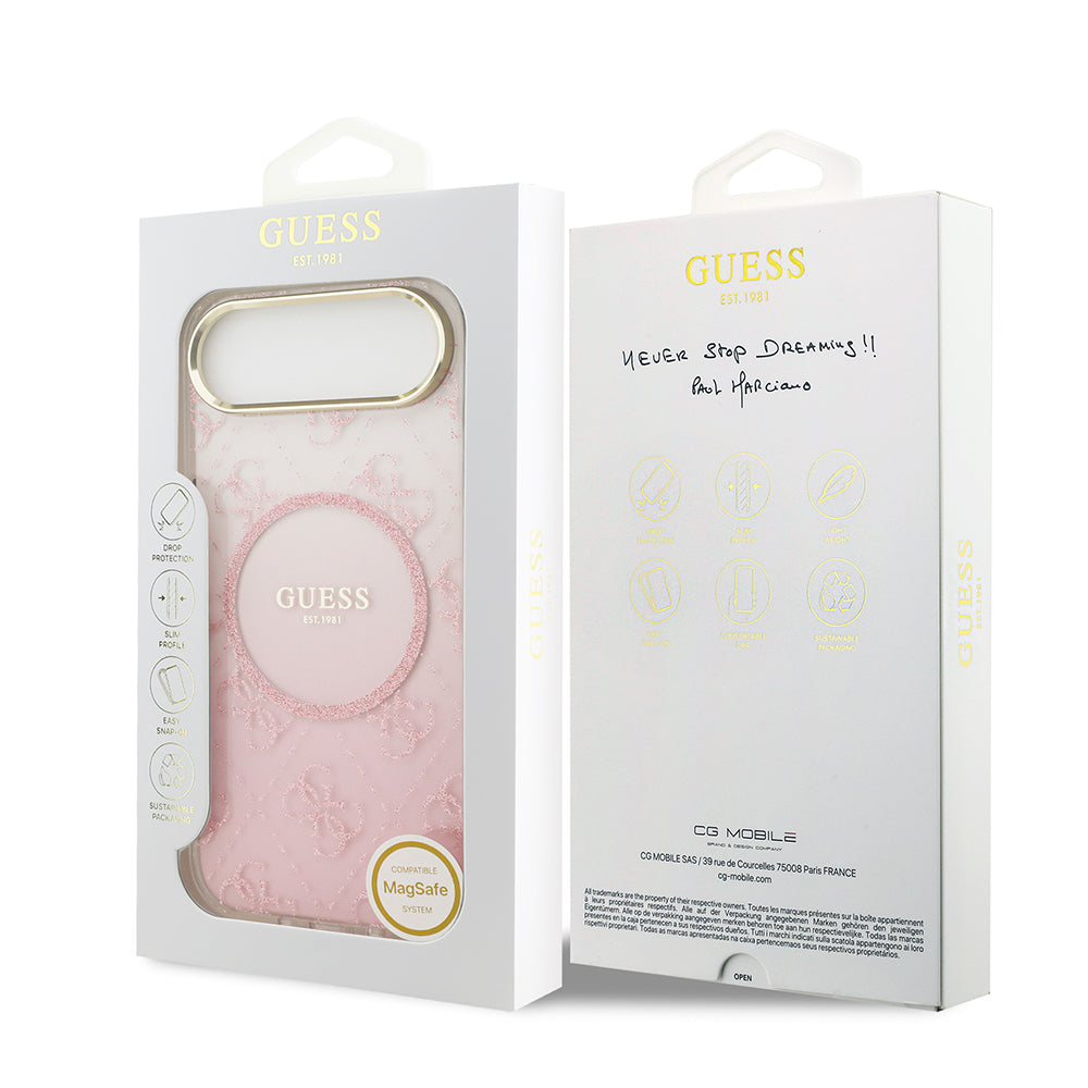 Apple iPhone 17 Air Kılıf Guess M-safe Şarj Özellikli 4G Desenli Simli Transparan Kapak Pembe