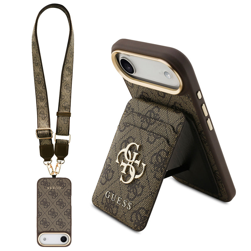 Apple iPhone 17 Air Kılıf Guess M-safe Şarj Özellikli Askılı ve Kartlıklı 4G Logo Kapak Kahverengi