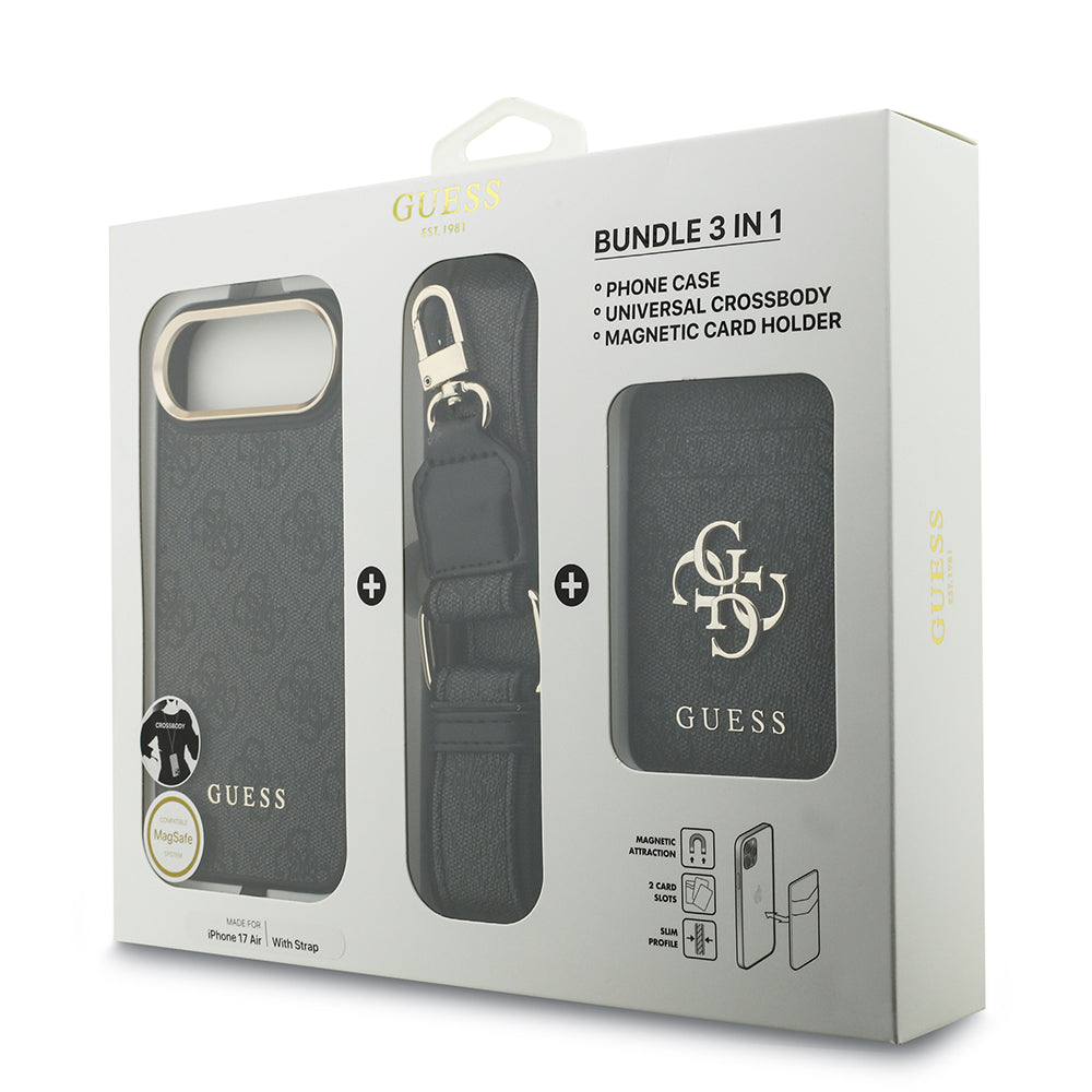 Apple iPhone 17 Air Kılıf Guess M-safe Şarj Özellikli Askılı ve Kartlıklı 4G Logo Kapak Siyah