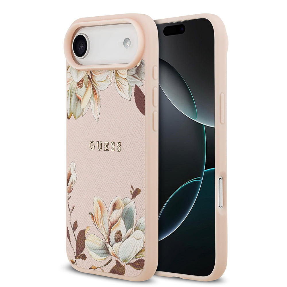 Apple iPhone 17 Air Kılıf Guess M-Safe Şarj Özellikli Çiçek Tasarımlı Metal Yazı Logolu Kapak Pembe