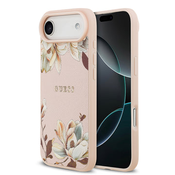 Apple iPhone 17 Air Kılıf Guess M-Safe Şarj Özellikli Çiçek Tasarımlı Metal Yazı Logolu Kapak Pembe