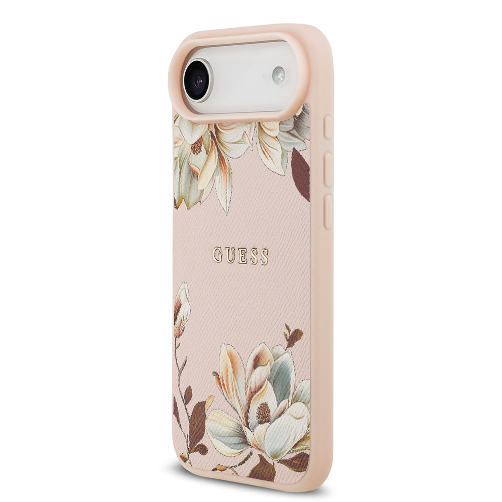 Apple iPhone 17 Air Kılıf Guess M-Safe Şarj Özellikli Çiçek Tasarımlı Metal Yazı Logolu Kapak Pembe