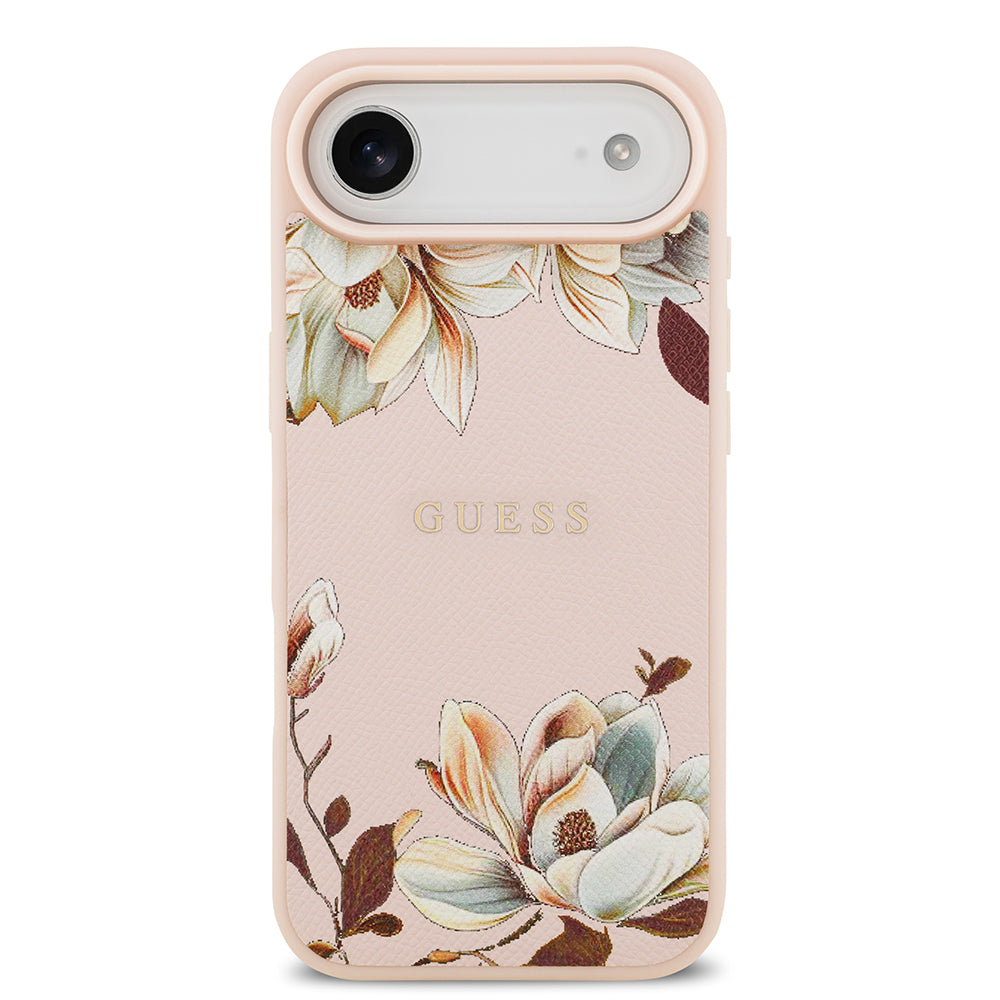 Apple iPhone 17 Air Kılıf Guess M-Safe Şarj Özellikli Çiçek Tasarımlı Metal Yazı Logolu Kapak Pembe