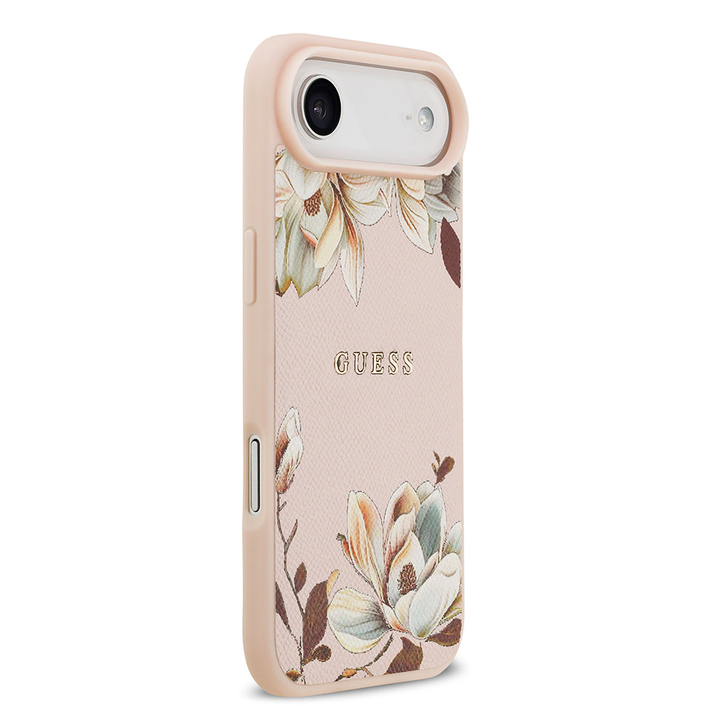 Apple iPhone 17 Air Kılıf Guess M-Safe Şarj Özellikli Çiçek Tasarımlı Metal Yazı Logolu Kapak Pembe