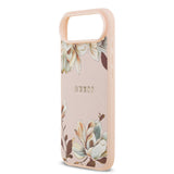 Apple iPhone 17 Air Kılıf Guess M-Safe Şarj Özellikli Çiçek Tasarımlı Metal Yazı Logolu Kapak Pembe