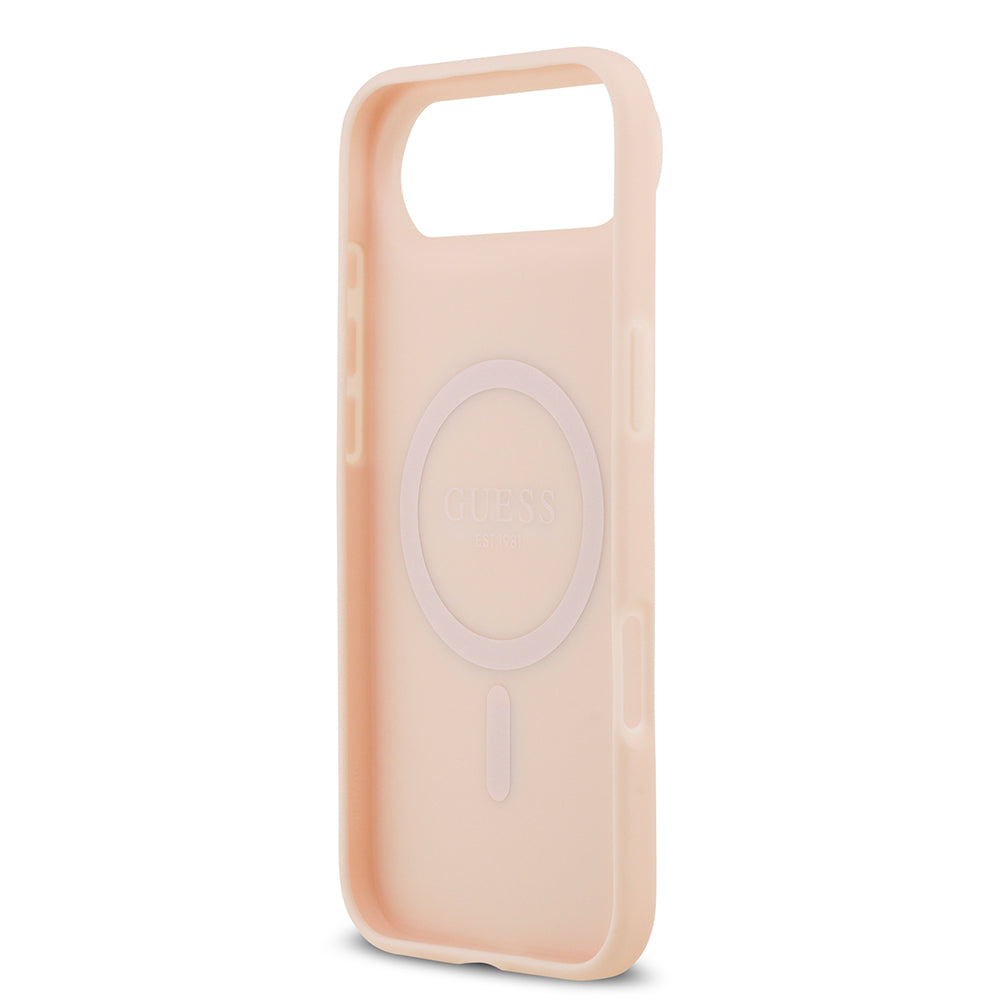 Apple iPhone 17 Air Kılıf Guess M-Safe Şarj Özellikli Çiçek Tasarımlı Metal Yazı Logolu Kapak Pembe