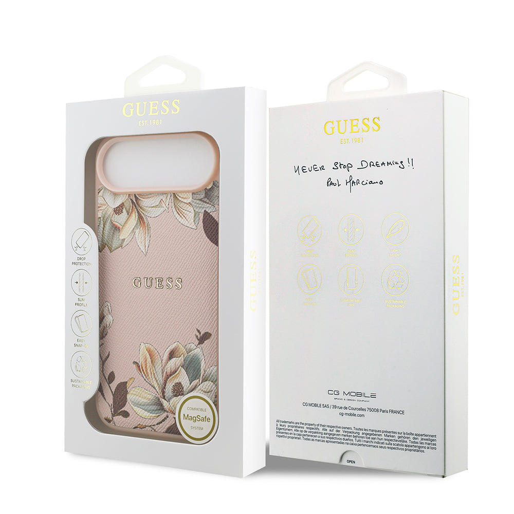 Apple iPhone 17 Air Kılıf Guess M-Safe Şarj Özellikli Çiçek Tasarımlı Metal Yazı Logolu Kapak Pembe