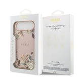 Apple iPhone 17 Air Kılıf Guess M-Safe Şarj Özellikli Çiçek Tasarımlı Metal Yazı Logolu Kapak Pembe