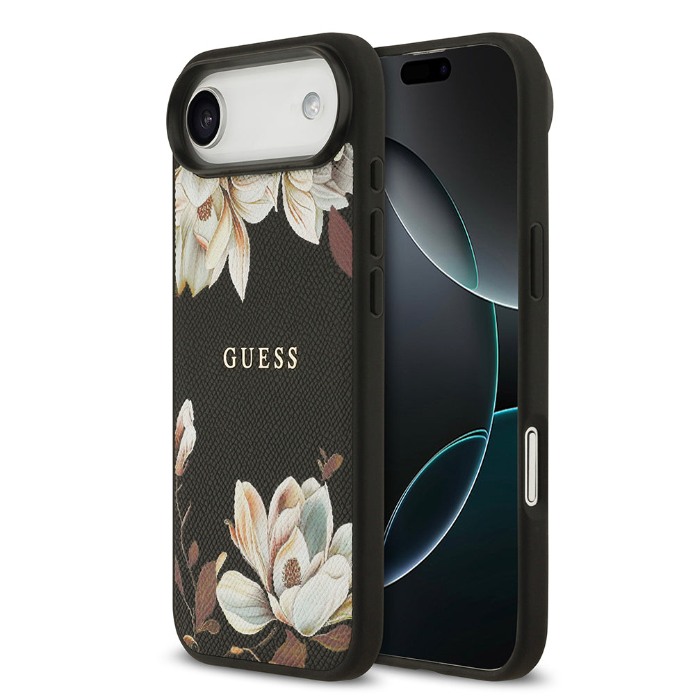 Apple iPhone 17 Air Kılıf Guess M-Safe Şarj Özellikli Çiçek Tasarımlı Metal Yazı Logolu Kapak Siyah