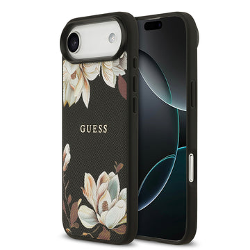 Apple iPhone 17 Air Kılıf Guess M-Safe Şarj Özellikli Çiçek Tasarımlı Metal Yazı Logolu Kapak Siyah