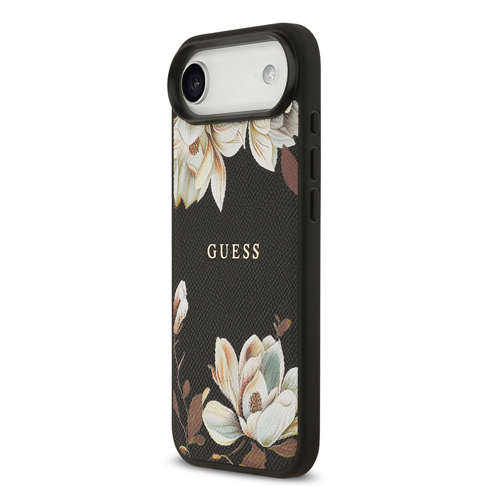 Apple iPhone 17 Air Kılıf Guess M-Safe Şarj Özellikli Çiçek Tasarımlı Metal Yazı Logolu Kapak Siyah