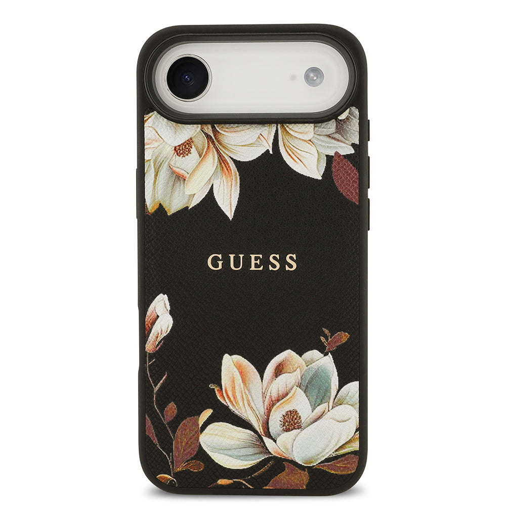 Apple iPhone 17 Air Kılıf Guess M-Safe Şarj Özellikli Çiçek Tasarımlı Metal Yazı Logolu Kapak Siyah