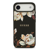 Apple iPhone 17 Air Kılıf Guess M-Safe Şarj Özellikli Çiçek Tasarımlı Metal Yazı Logolu Kapak Siyah