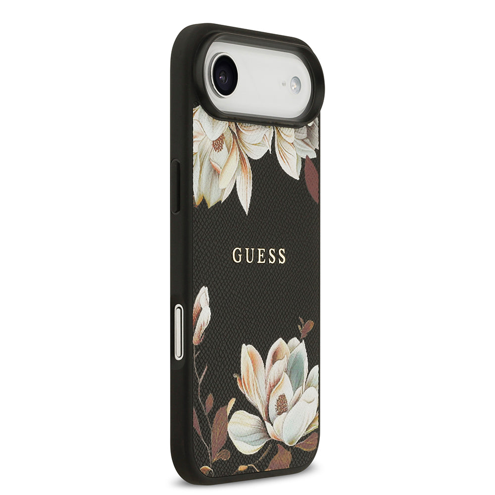 Apple iPhone 17 Air Kılıf Guess M-Safe Şarj Özellikli Çiçek Tasarımlı Metal Yazı Logolu Kapak Siyah