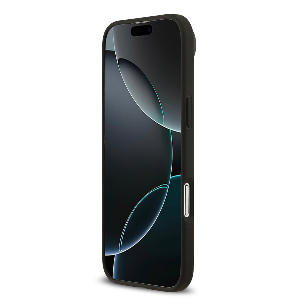 Apple iPhone 17 Air Kılıf Guess M-Safe Şarj Özellikli Çiçek Tasarımlı Metal Yazı Logolu Kapak Siyah