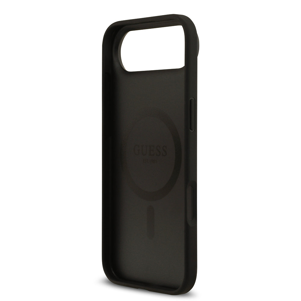 Apple iPhone 17 Air Kılıf Guess M-Safe Şarj Özellikli Çiçek Tasarımlı Metal Yazı Logolu Kapak Siyah