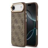 Apple iPhone 17 Air Kılıf Guess M-safe Şarj Özellikli Gold Metal Kamera Çerçeveli PU Deri 4G Desen Yazı Logolu Kapak Kahverengi