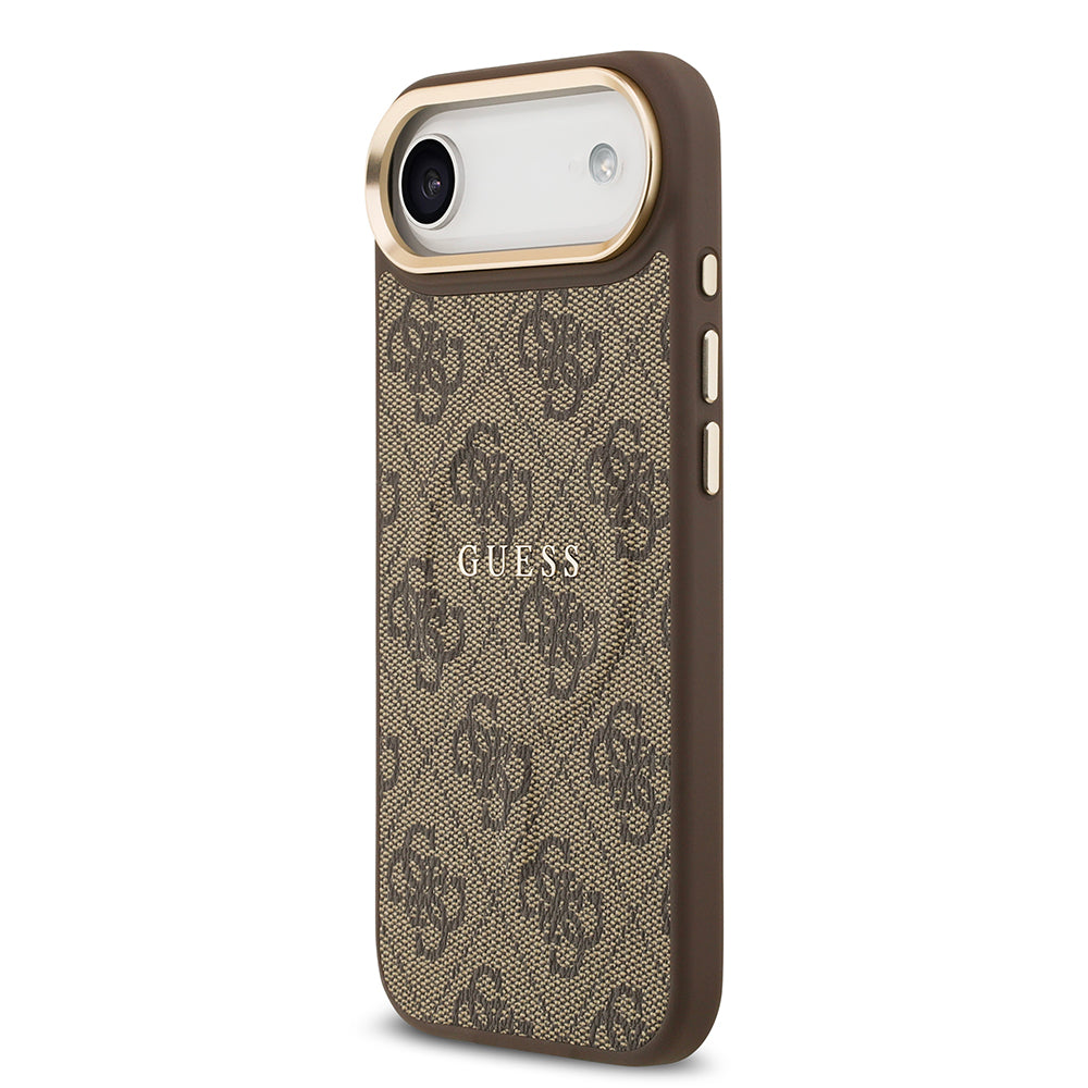 Apple iPhone 17 Air Kılıf Guess M-safe Şarj Özellikli Gold Metal Kamera Çerçeveli PU Deri 4G Desen Yazı Logolu Kapak Kahverengi
