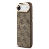 Apple iPhone 17 Air Kılıf Guess M-safe Şarj Özellikli Gold Metal Kamera Çerçeveli PU Deri 4G Desen Yazı Logolu Kapak Kahverengi