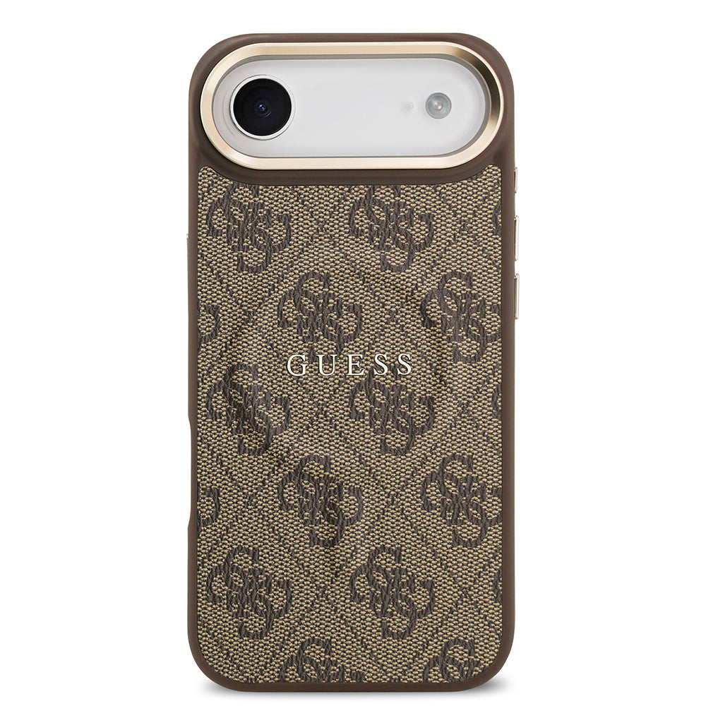 Apple iPhone 17 Air Kılıf Guess M-safe Şarj Özellikli Gold Metal Kamera Çerçeveli PU Deri 4G Desen Yazı Logolu Kapak Kahverengi
