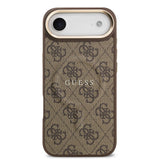 Apple iPhone 17 Air Kılıf Guess M-safe Şarj Özellikli Gold Metal Kamera Çerçeveli PU Deri 4G Desen Yazı Logolu Kapak Kahverengi