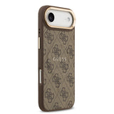 Apple iPhone 17 Air Kılıf Guess M-safe Şarj Özellikli Gold Metal Kamera Çerçeveli PU Deri 4G Desen Yazı Logolu Kapak Kahverengi