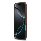 Apple iPhone 17 Air Kılıf Guess M-safe Şarj Özellikli Gold Metal Kamera Çerçeveli PU Deri 4G Desen Yazı Logolu Kapak Kahverengi