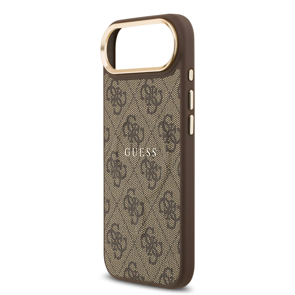 Apple iPhone 17 Air Kılıf Guess M-safe Şarj Özellikli Gold Metal Kamera Çerçeveli PU Deri 4G Desen Yazı Logolu Kapak Kahverengi