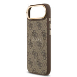 Apple iPhone 17 Air Kılıf Guess M-safe Şarj Özellikli Gold Metal Kamera Çerçeveli PU Deri 4G Desen Yazı Logolu Kapak Kahverengi