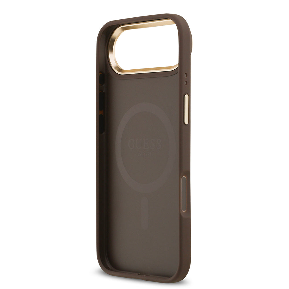 Apple iPhone 17 Air Kılıf Guess M-safe Şarj Özellikli Gold Metal Kamera Çerçeveli PU Deri 4G Desen Yazı Logolu Kapak Kahverengi