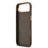 Apple iPhone 17 Air Kılıf Guess M-safe Şarj Özellikli Gold Metal Kamera Çerçeveli PU Deri 4G Desen Yazı Logolu Kapak Kahverengi