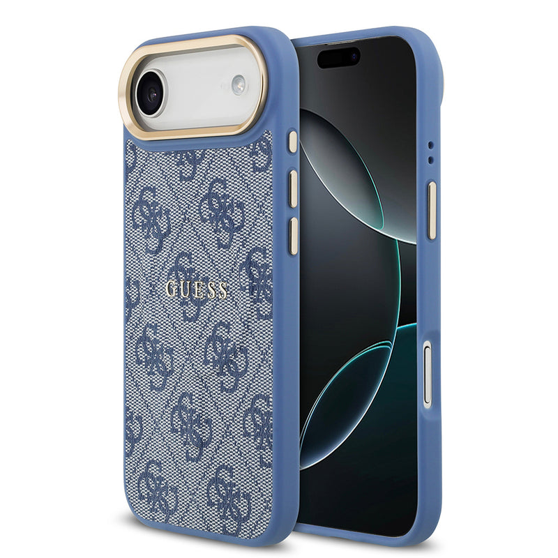 Apple iPhone 17 Air Kılıf Guess M-safe Şarj Özellikli Gold Metal Kamera Çerçeveli PU Deri 4G Desen Yazı Logolu Kapak Mavi