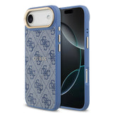 Apple iPhone 17 Air Kılıf Guess M-safe Şarj Özellikli Gold Metal Kamera Çerçeveli PU Deri 4G Desen Yazı Logolu Kapak Mavi