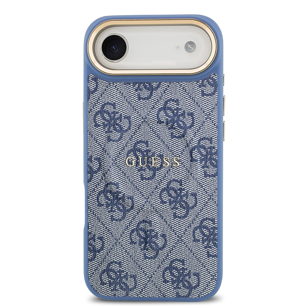 Apple iPhone 17 Air Kılıf Guess M-safe Şarj Özellikli Gold Metal Kamera Çerçeveli PU Deri 4G Desen Yazı Logolu Kapak Mavi