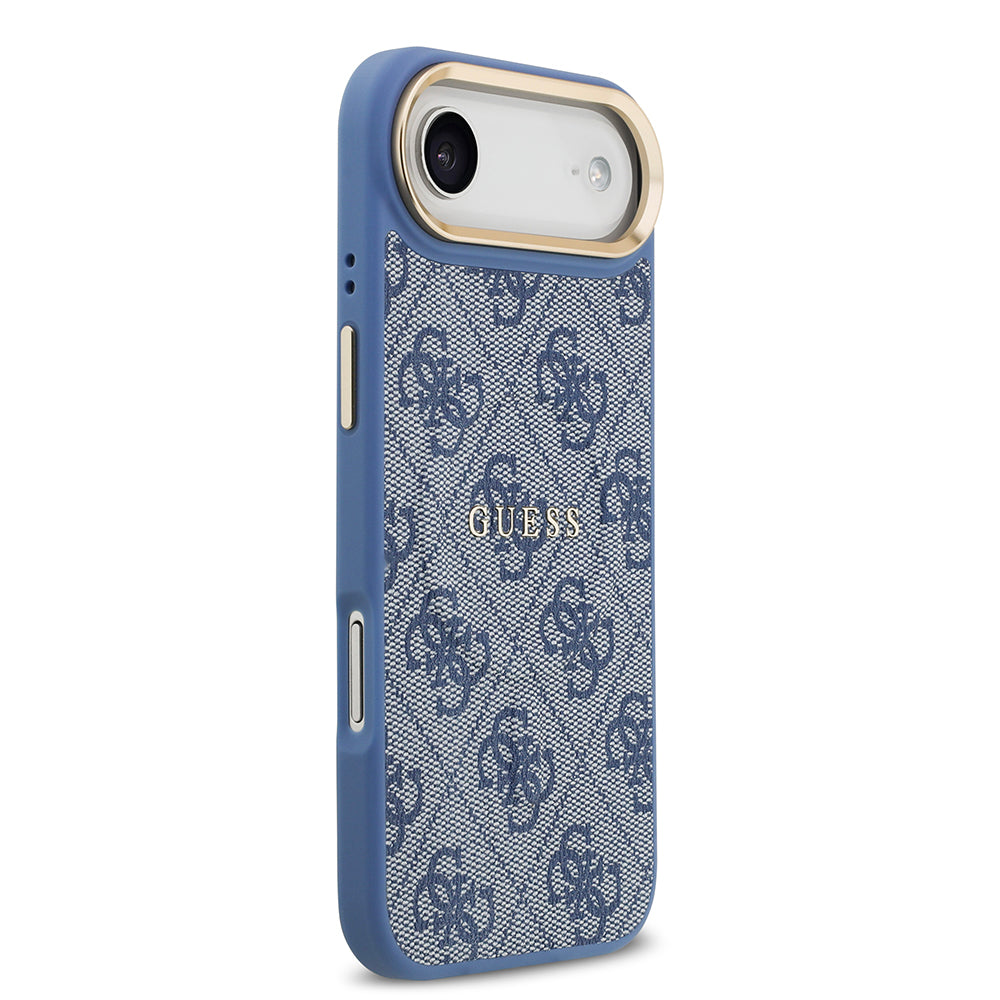 Apple iPhone 17 Air Kılıf Guess M-safe Şarj Özellikli Gold Metal Kamera Çerçeveli PU Deri 4G Desen Yazı Logolu Kapak Mavi