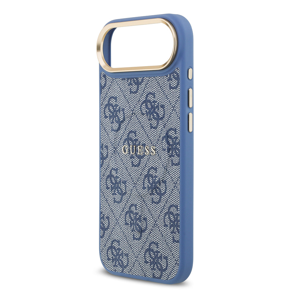 Apple iPhone 17 Air Kılıf Guess M-safe Şarj Özellikli Gold Metal Kamera Çerçeveli PU Deri 4G Desen Yazı Logolu Kapak Mavi