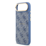 Apple iPhone 17 Air Kılıf Guess M-safe Şarj Özellikli Gold Metal Kamera Çerçeveli PU Deri 4G Desen Yazı Logolu Kapak Mavi