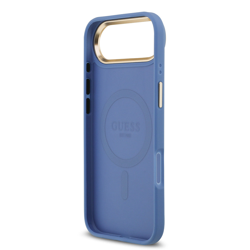 Apple iPhone 17 Air Kılıf Guess M-safe Şarj Özellikli Gold Metal Kamera Çerçeveli PU Deri 4G Desen Yazı Logolu Kapak Mavi