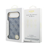 Apple iPhone 17 Air Kılıf Guess M-safe Şarj Özellikli Gold Metal Kamera Çerçeveli PU Deri 4G Desen Yazı Logolu Kapak Mavi