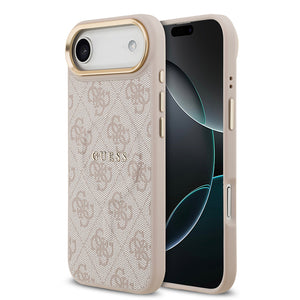 Apple iPhone 17 Air Kılıf Guess M-safe Şarj Özellikli Gold Metal Kamera Çerçeveli PU Deri 4G Desen Yazı Logolu Kapak Pembe