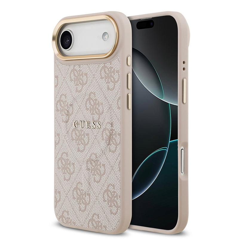 Apple iPhone 17 Air Kılıf Guess M-safe Şarj Özellikli Gold Metal Kamera Çerçeveli PU Deri 4G Desen Yazı Logolu Kapak Pembe