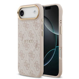 Apple iPhone 17 Air Kılıf Guess M-safe Şarj Özellikli Gold Metal Kamera Çerçeveli PU Deri 4G Desen Yazı Logolu Kapak Pembe