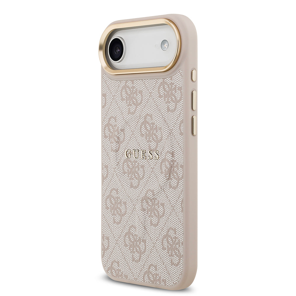Apple iPhone 17 Air Kılıf Guess M-safe Şarj Özellikli Gold Metal Kamera Çerçeveli PU Deri 4G Desen Yazı Logolu Kapak Pembe