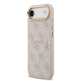 Apple iPhone 17 Air Kılıf Guess M-safe Şarj Özellikli Gold Metal Kamera Çerçeveli PU Deri 4G Desen Yazı Logolu Kapak Pembe