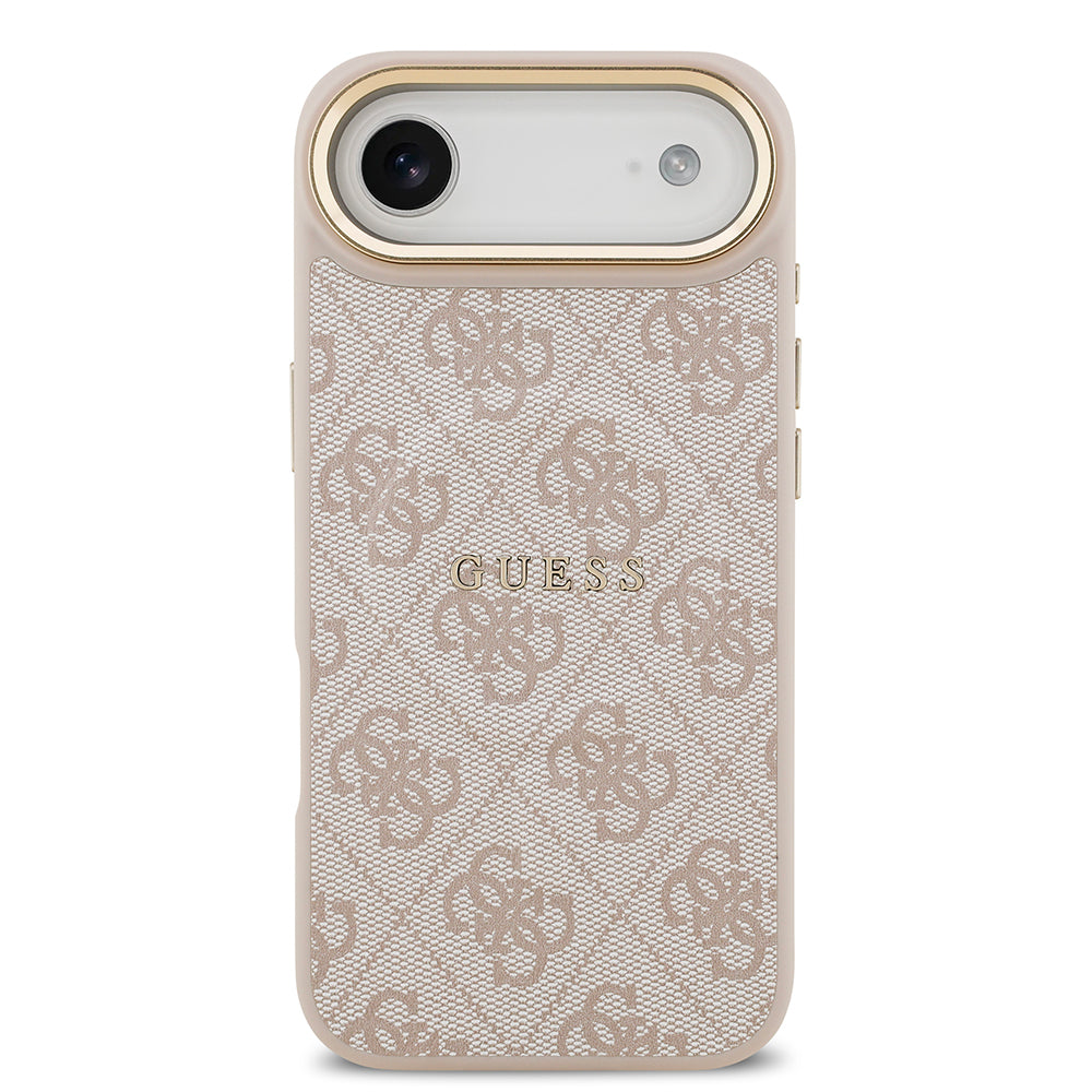 Apple iPhone 17 Air Kılıf Guess M-safe Şarj Özellikli Gold Metal Kamera Çerçeveli PU Deri 4G Desen Yazı Logolu Kapak Pembe