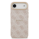 Apple iPhone 17 Air Kılıf Guess M-safe Şarj Özellikli Gold Metal Kamera Çerçeveli PU Deri 4G Desen Yazı Logolu Kapak Pembe