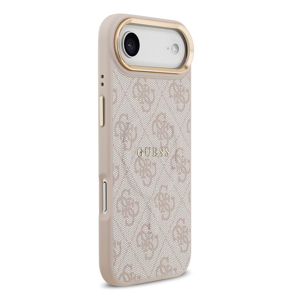 Apple iPhone 17 Air Kılıf Guess M-safe Şarj Özellikli Gold Metal Kamera Çerçeveli PU Deri 4G Desen Yazı Logolu Kapak Pembe