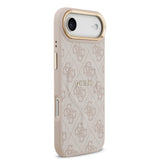 Apple iPhone 17 Air Kılıf Guess M-safe Şarj Özellikli Gold Metal Kamera Çerçeveli PU Deri 4G Desen Yazı Logolu Kapak Pembe